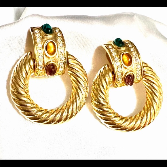 Vintage Gold Cabochon Hoop Earrings - Picture 1 of 6